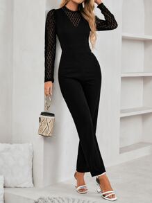 SHEIN Frenchy Contrast Lace Zip Back Jumpsuit - Black - View 4