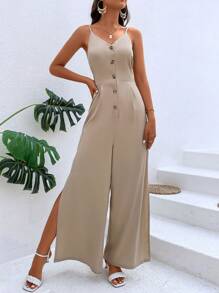 SHEIN VCAY Mono de tirantes con botón delantero de muslo con abertura - Caqui - Ver 2