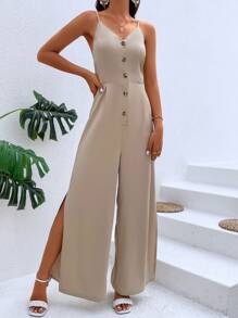 SHEIN VCAY Mono de tirantes con botón delantero de muslo con abertura - Caqui - Ver 5