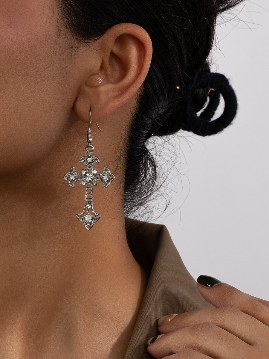 水鑽裝飾十字架吊墜耳環 - 彩色 - 查看 1
