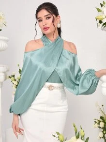 Modelyn Cold Shoulder Lantern Sleeve Blouse - Cadet Blue - View 1