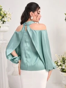 Modelyn Cold Shoulder Lantern Sleeve Blouse - Cadet Blue - View 2
