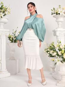 Modelyn Cold Shoulder Lantern Sleeve Blouse - Cadet Blue - View 3