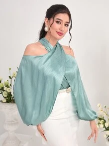 Modelyn Cold Shoulder Lantern Sleeve Blouse - Cadet Blue - View 4