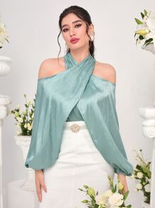 Modelyn Cold Shoulder Lantern Sleeve Blouse - Cadet Blue - View 5