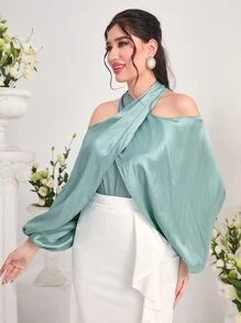 Modelyn Cold Shoulder Lantern Sleeve Blouse - Cadet Blue - View 6