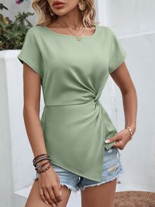 SHEIN LUNE 扭結不對稱下擺襯衫 - 綠色 - 查看 5