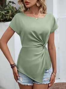 SHEIN LUNE 扭結不對稱下擺襯衫 - 綠色 - 查看 6