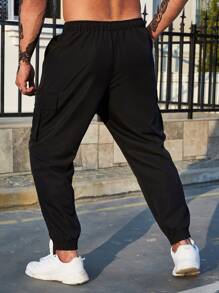 Manfinity Homme 男裝加大型口袋側拉繩腰部運輸裝黑色外出尺寸褲子 - 黑色 - 查看 4