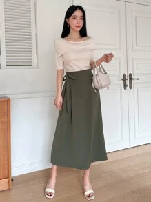 DAZY 高腰結結側裙 - 軍綠色 - 查看 4