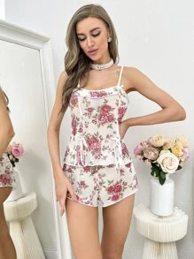 Floral Print Mesh Cami Top & Shorts PJ Set With Choker - Multicolor - View 6