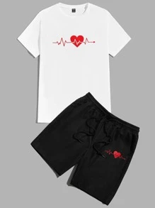 Manfinity RebelGame Hombres Camiseta con estampado de corazón & Shorts de cintura con cordón - Blanco y Negro - Ver 1