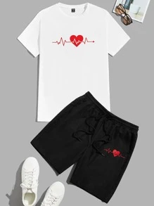 Manfinity RebelGame Hombres Camiseta con estampado de corazón & Shorts de cintura con cordón - Blanco y Negro - Ver 2