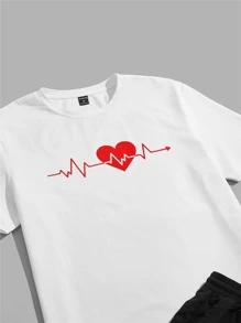 Manfinity RebelGame Hombres Camiseta con estampado de corazón & Shorts de cintura con cordón - Blanco y Negro - Ver 4