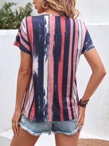 SHEIN LUNE Striped Print Half Zip Batwing Sleeve Tee - Navy Blue - View 2