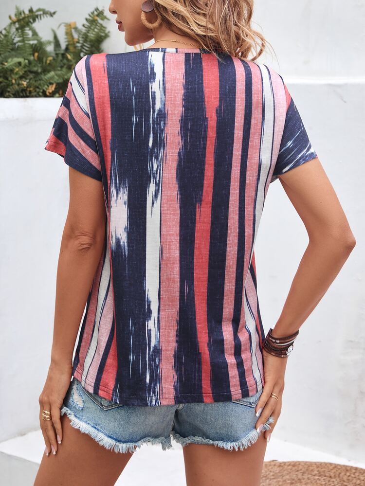 Striped Print Half Zip Batwing Sleeve Tee