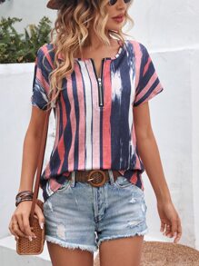 SHEIN LUNE Striped Print Half Zip Batwing Sleeve Tee - Navy Blue - View 3