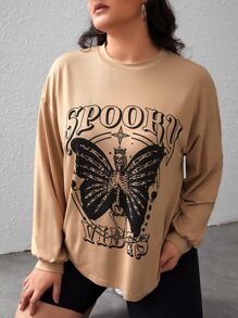 SHEIN EZwear Plus Butterfly & Letter Graphic Drop Shoulder Tee - Khaki - View 1