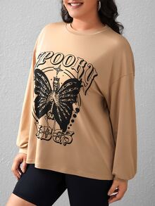 SHEIN EZwear Plus Butterfly & Letter Graphic Drop Shoulder Tee - Khaki - View 3