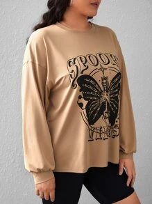 SHEIN EZwear Plus Butterfly & Letter Graphic Drop Shoulder Tee - Khaki - View 4