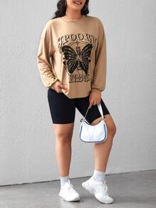 SHEIN EZwear Plus Butterfly & Letter Graphic Drop Shoulder Tee - Khaki - View 5