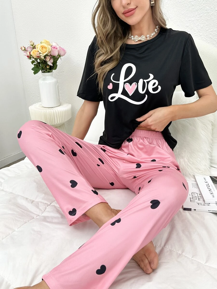 Heart & Letter Graphic PJ Set / Pajama Set - Multicolor - View 1