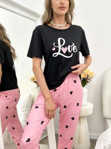 Heart & Letter Graphic PJ Set / Pajama Set - Multicolor - View 5