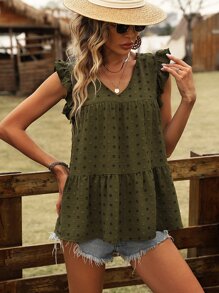 SHEIN VCAY Swiss Dot Ruffle Trim Blouse - Army Green - View 3