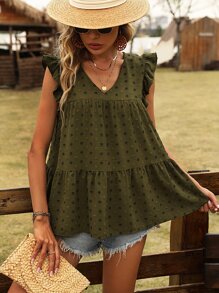 SHEIN VCAY Swiss Dot Ruffle Trim Blouse - Army Green - View 4