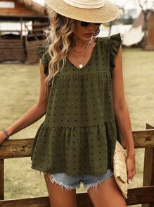SHEIN VCAY Swiss Dot Ruffle Trim Blouse - Army Green - View 5
