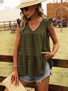 SHEIN VCAY Swiss Dot Ruffle Trim Blouse - Army Green - View 6