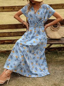 SHEIN LUNE Floral Print Surplice Neck Dress - Blue - View 2