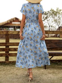 SHEIN LUNE Floral Print Surplice Neck Dress - Blue - View 3