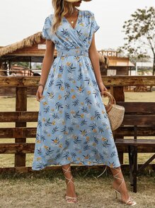 SHEIN LUNE Floral Print Surplice Neck Dress - Blue - View 4