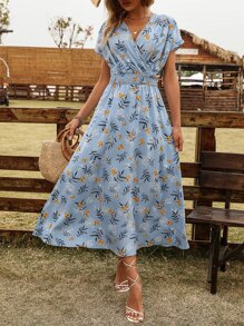 SHEIN LUNE Floral Print Surplice Neck Dress - Blue - View 6