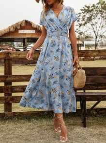 SHEIN LUNE Floral Print Surplice Neck Dress - Blue - View 7