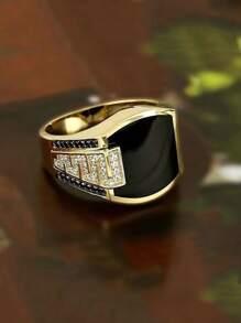 1入組男士水鑽裝飾戒指全水鑽嘻哈戒指水潤光澤奢華戒指男士禮物情人節禮物銅首飾類 - 金黃色 - 查看 1