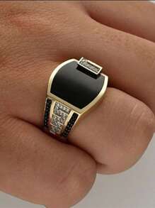 1入組男士水鑽裝飾戒指全水鑽嘻哈戒指水潤光澤奢華戒指男士禮物情人節禮物銅首飾類 - 金黃色 - 查看 2