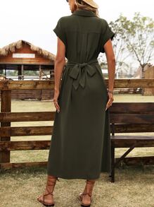 Breezaya Solid Twist Front Shirt Dress - Army Green - View 2