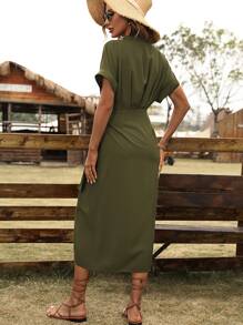 SHEIN LUNE Batwing Sleeve Wrap Knot Side Dress