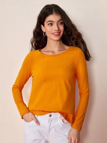 SHEIN BASICS Solid Round Neck Long Sleeve Tee For Summer - Orange - View 1