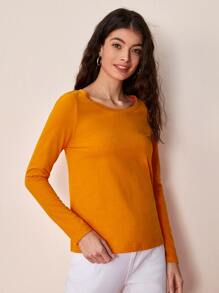 SHEIN BASICS Solid Round Neck Long Sleeve Tee For Summer - Orange - View 3