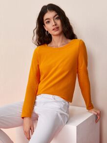 SHEIN BASICS Solid Round Neck Long Sleeve Tee For Summer - Orange - View 4