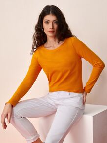SHEIN BASICS Solid Round Neck Long Sleeve Tee For Summer - Orange - View 5