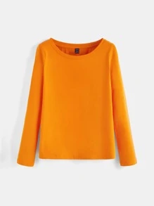 SHEIN BASICS Solid Round Neck Long Sleeve Tee For Summer - Orange - View 6