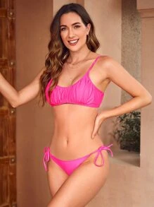 褶皺胸部系帶款夏季沙灘比基尼套裝 - 玫紅色 - 查看 3