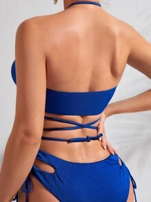 褶邊掛脖比基尼上衣 - 藍色 - 查看 2
