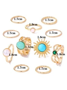 11pcs Gemstone & Faux Pearl Decor Ring - Yellow Gold - View 3