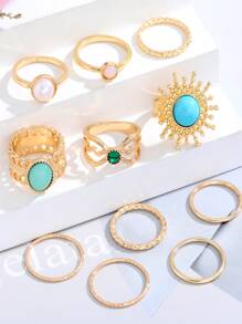 11pcs Gemstone & Faux Pearl Decor Ring - Yellow Gold - View 4