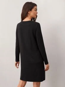 SHEIN BASICS Solid Round Neck Tee Dress - Black - View 2